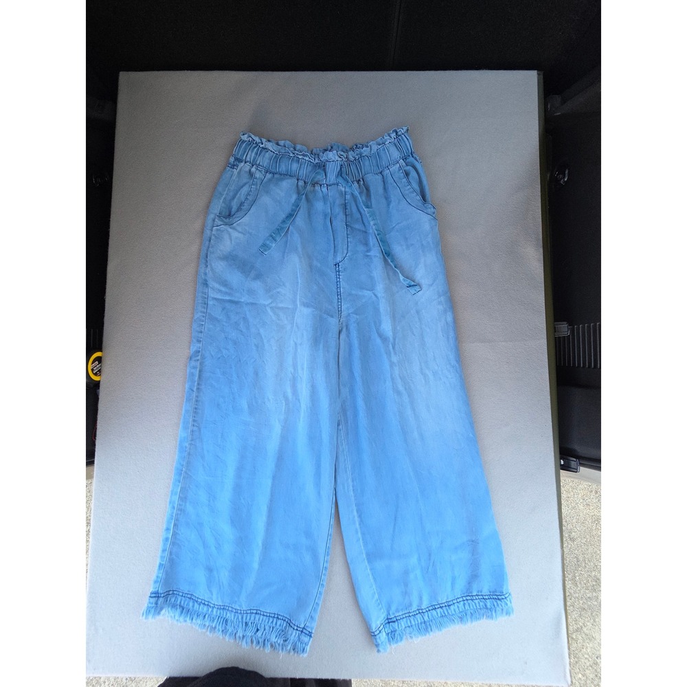 Zenana Light Wash Lyocell Paperbag Waist Wide Leg Frayed Hem Pants XL DP-1521AB